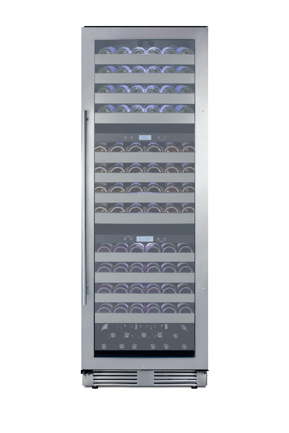 Triple zone 149 bottle commercial wine cellar for built-in or freestanding use, with a glass door with seamless stainless steel trim and stainless steel cabinet, digital thermostats, full-extension shelving, and factory-installed lock
